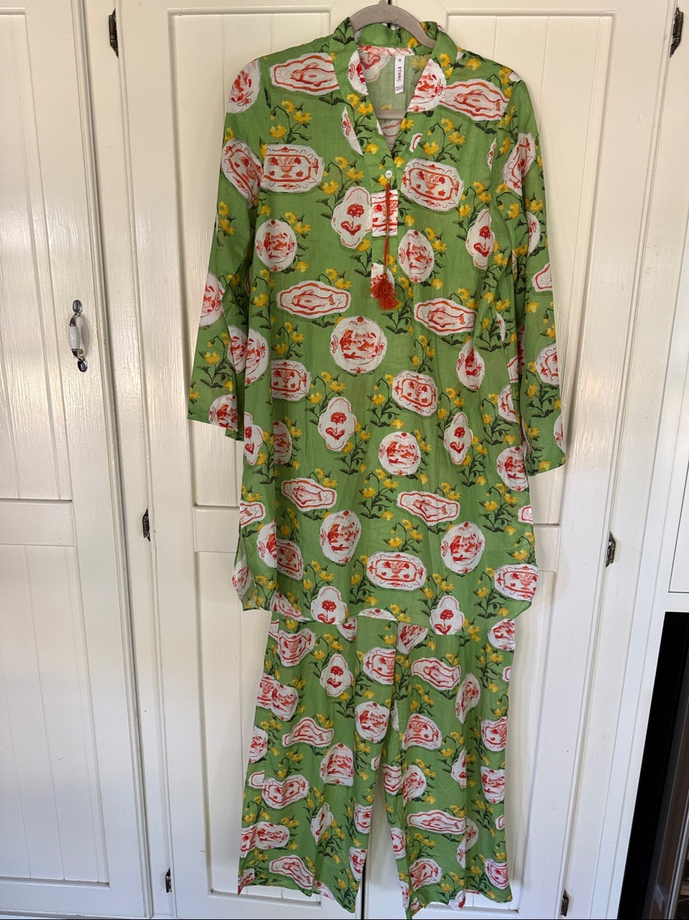 Ethnic Green Coral Floral-Long Sleeve Kurta Beach/Lounge/Resort size Medium